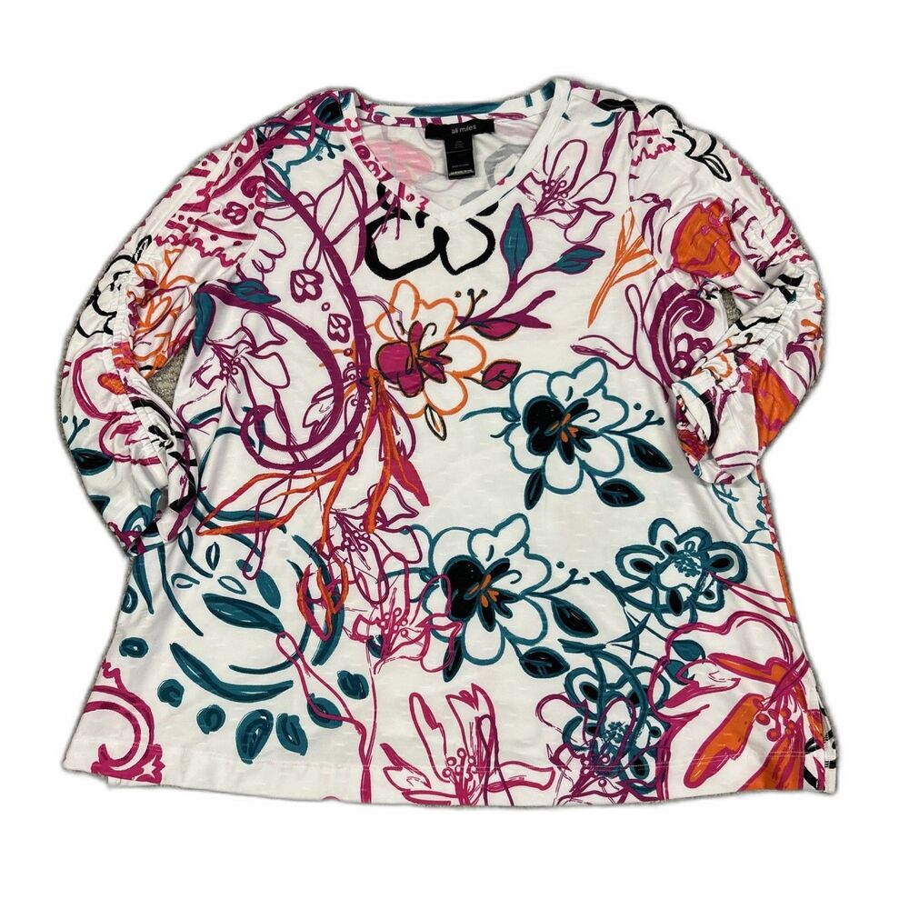 Ali Miles Top Shirt Womens Petite Medium Ruched 3/4 Sleeve Floral Stretch
